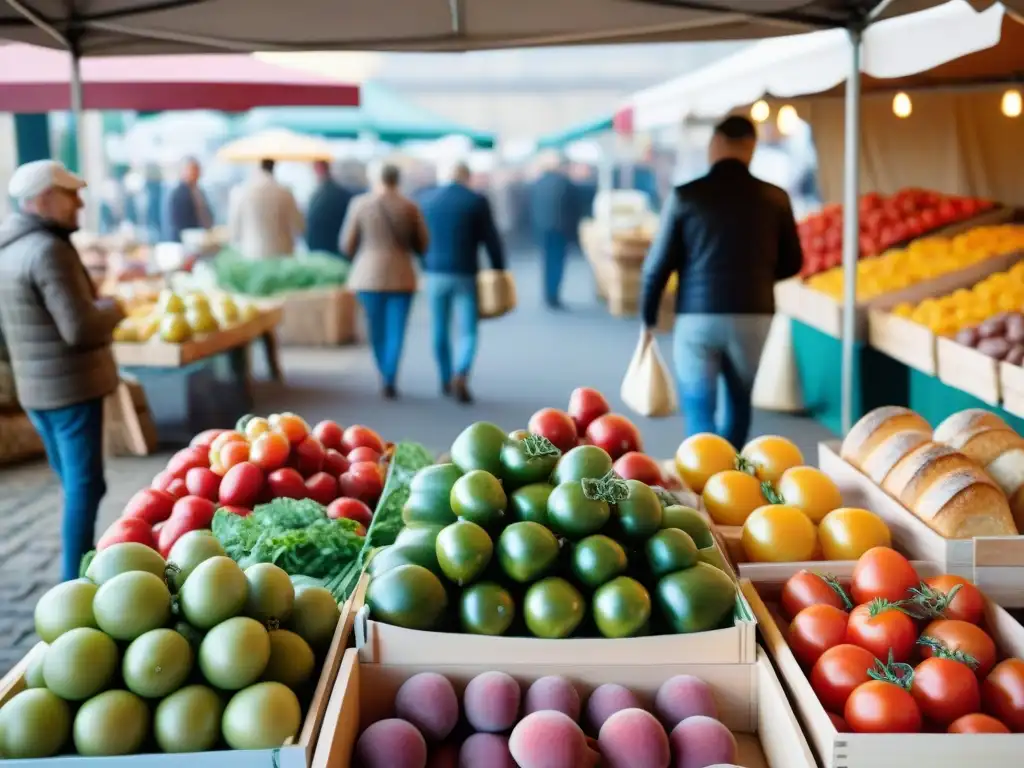 Un vibrante mercado francés rebosante de productos frescos y locales, capturando la esencia de las cocinas regionales en Francia