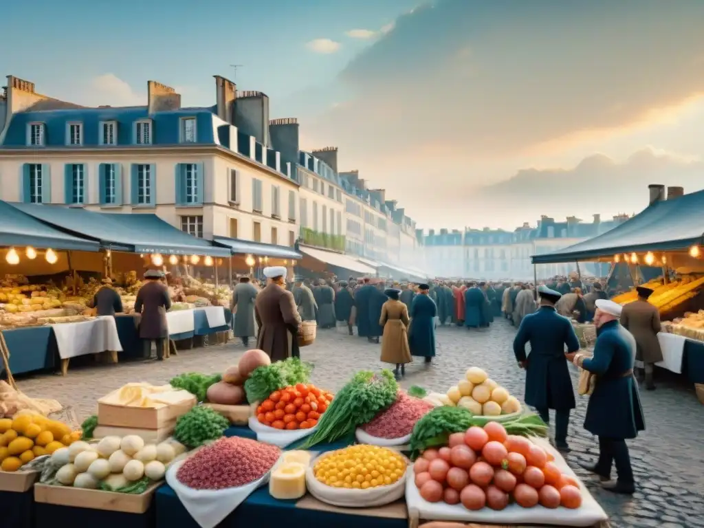 Vibrante mercado francés durante la Revolución Francesa, fusionando política y técnicas culinarias