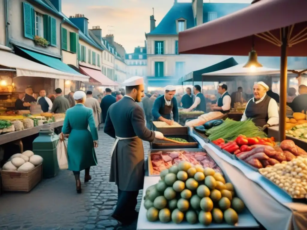 Vibrante mercado francés durante la Segunda Guerra Mundial, resiliencia y creatividad culinaria