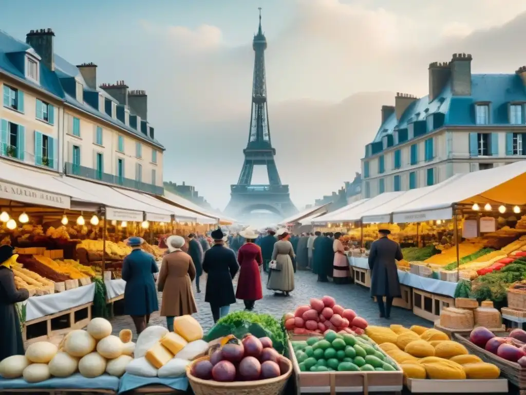 Vibrante mercado francés del siglo XVIII con vendedores y productos frescos, reflejando los orígenes culinarios franceses e influencias históricas