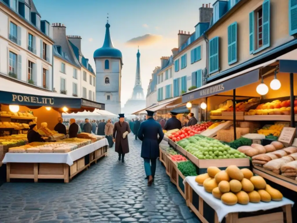 Vibrante mercado francés del siglo XVIII, con productos frescos y gente regateando, reflejando la historia gastronómica francesa influencia cultural