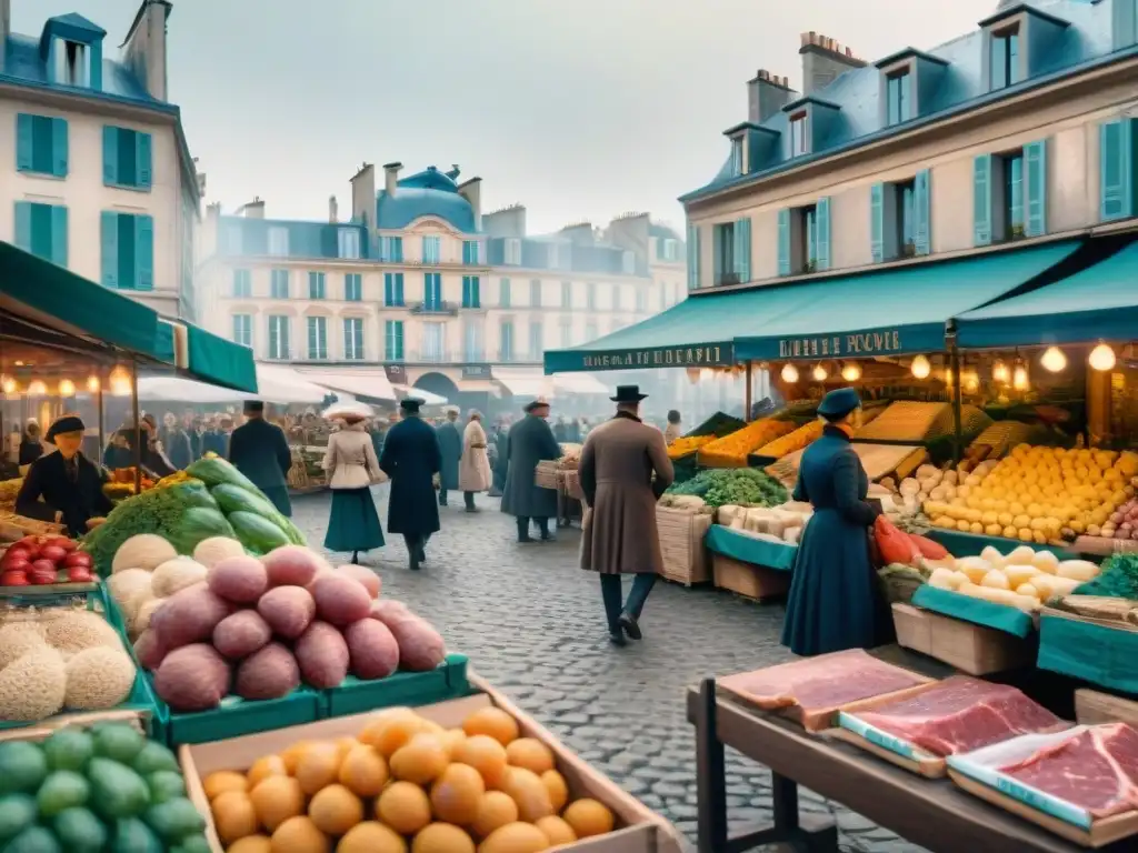 Vibrante mercado francés del siglo XIX con vendedores y edificios icónicos de París