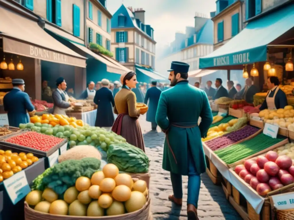 Vibrante mercado francés del siglo XIX con chefs, vendedores y clientes disfrutando de recetas tradicionales gastronomía francesa