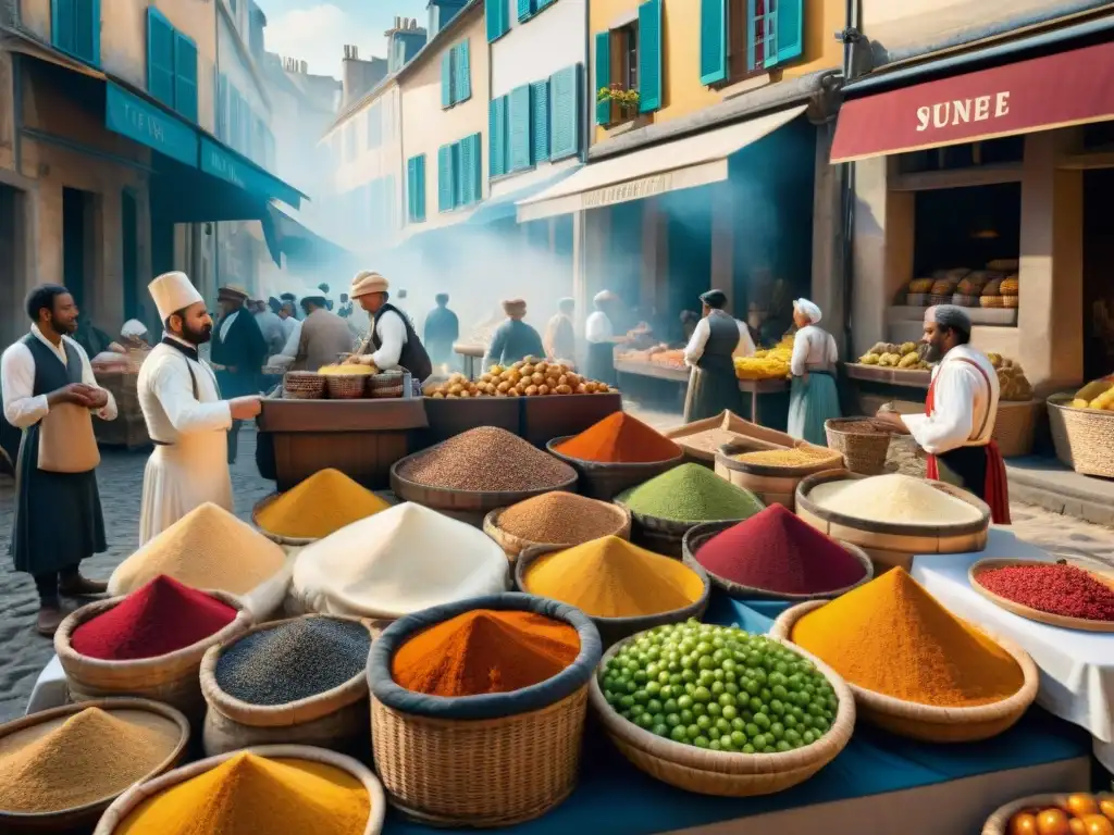 Vibrante mercado francés del siglo XVIII con historia de ingredientes, reflejando la evolución de la cocina