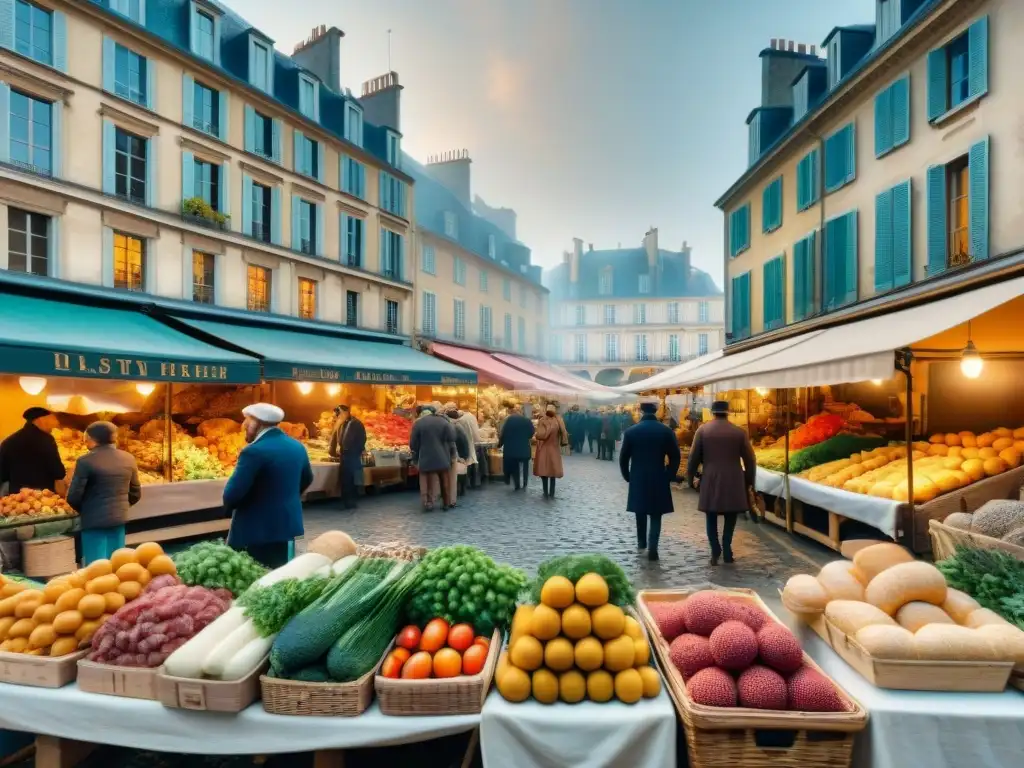 Vibrante mercado francés del siglo XVIII, reflejando la vida previa a la Revolución Francesa