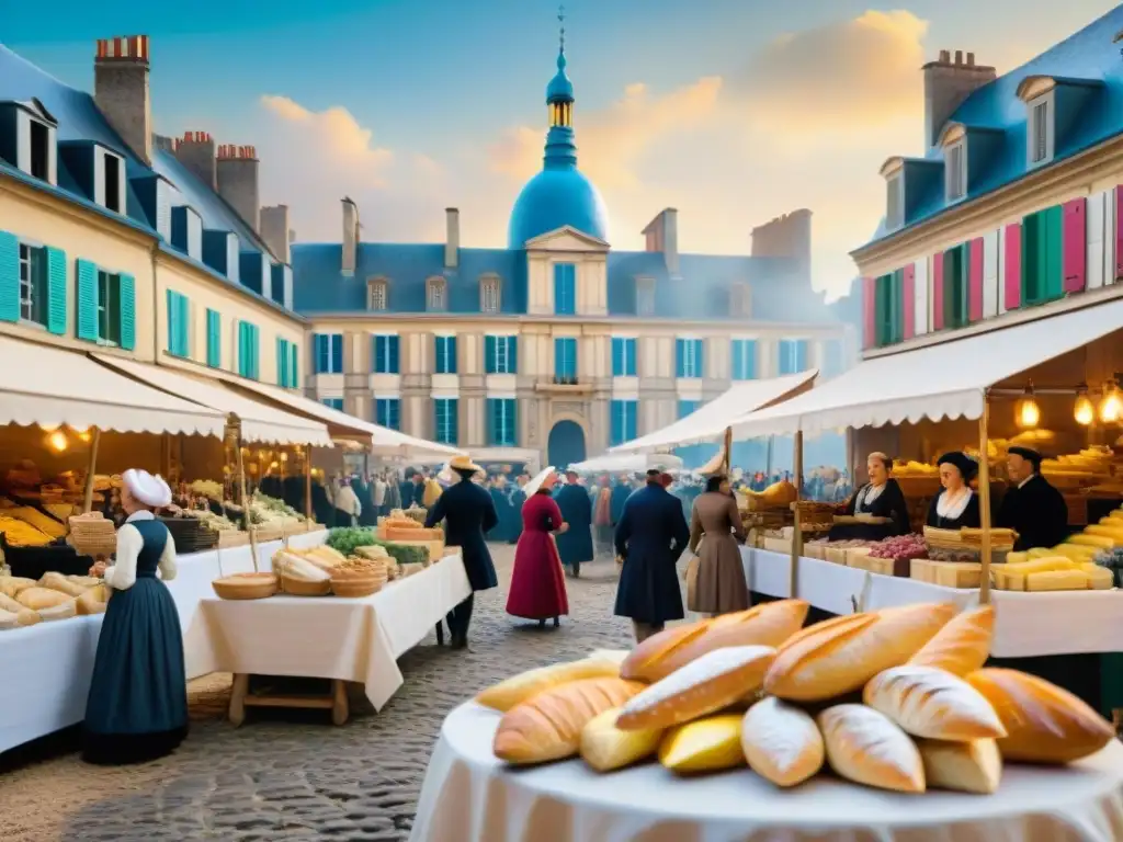 Vibrante mercado francés del siglo XVIII con ingredientes revolución francesa gastronomía