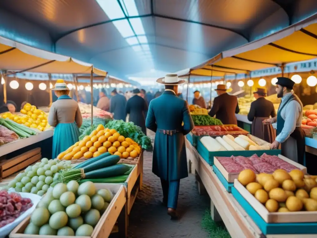 Vibrante mercado francés del siglo XIX: vendedores ofrecen productos frescos mientras clientes inspeccionan