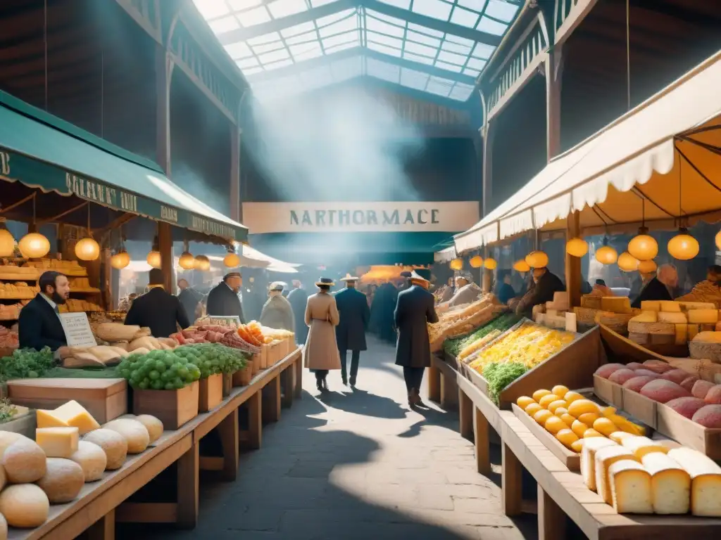 Un vibrante mercado francés del siglo XIX con recetas tradicionales y animadas conversaciones entre elegantes locales