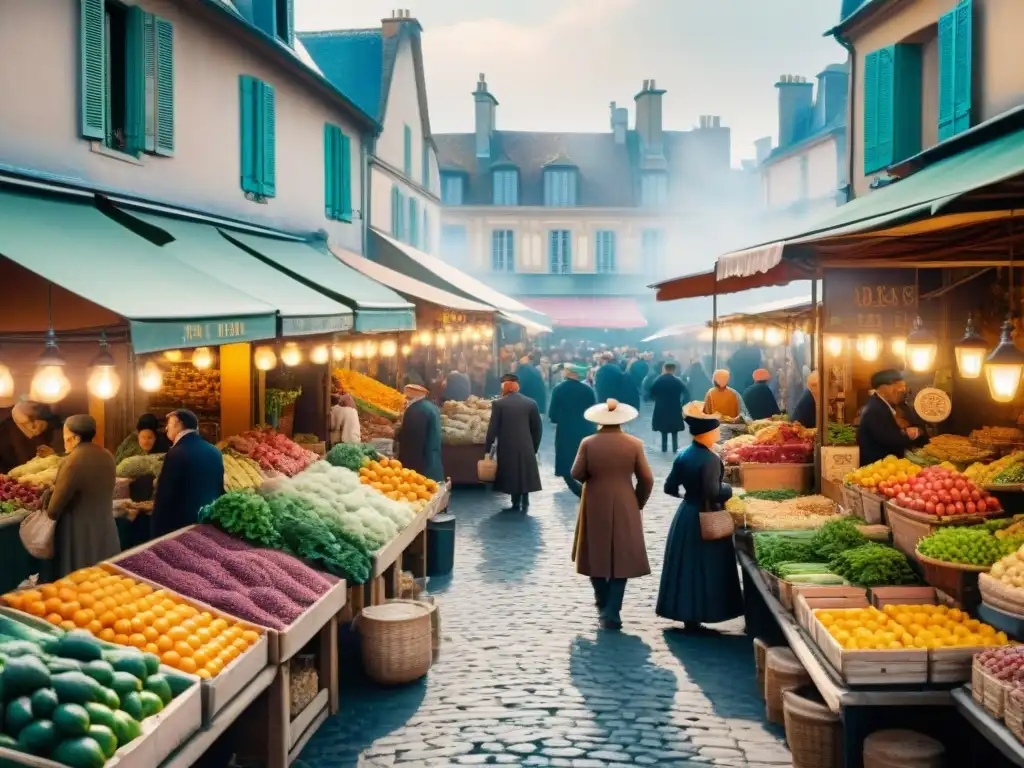 Vibrante mercado francés del siglo XIX con ingredientes frescos