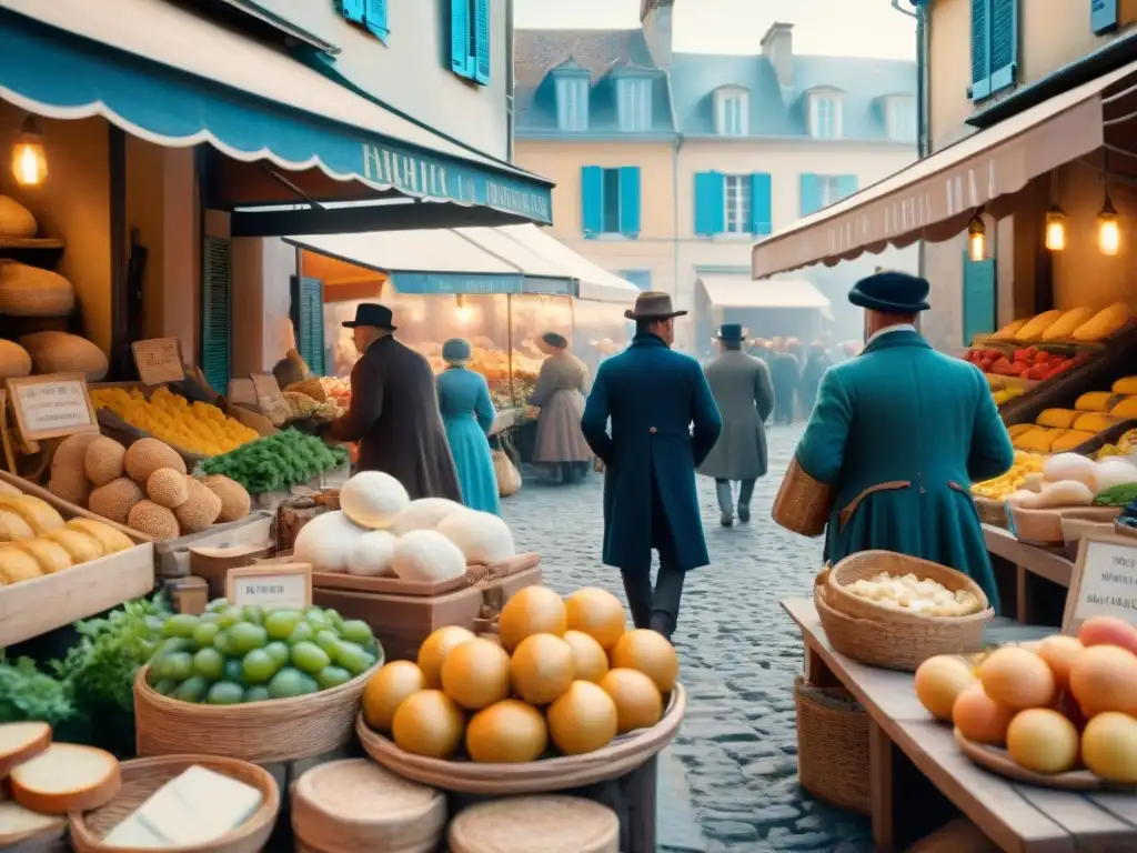 Vibrante mercado francés del siglo XVIII, con vendedores de productos frescos y locales disfrutando de la animada atmósfera