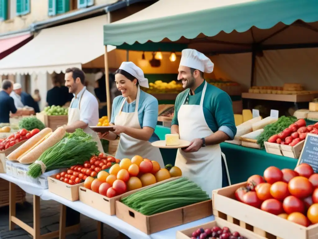 Un vibrante mercado francés en una soleada mañana, lleno de productos frescos y colores