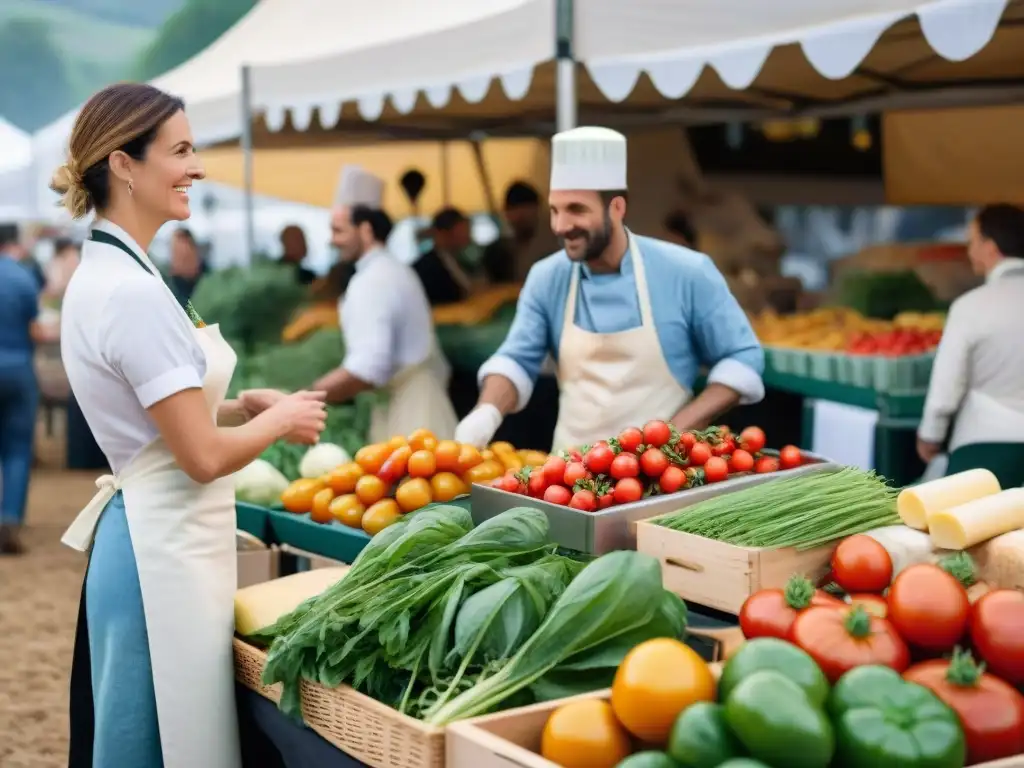 Un vibrante mercado francés muestra la sostenibilidad en la cocina francesa con productos frescos y chefs intercambiando conocimiento