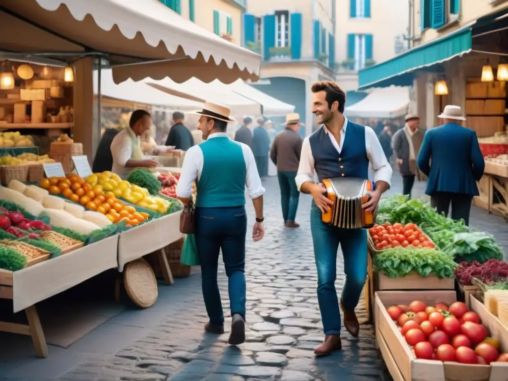 Un vibrante mercado francés tradicional en la mañana, lleno de coloridos puestos de productos locales