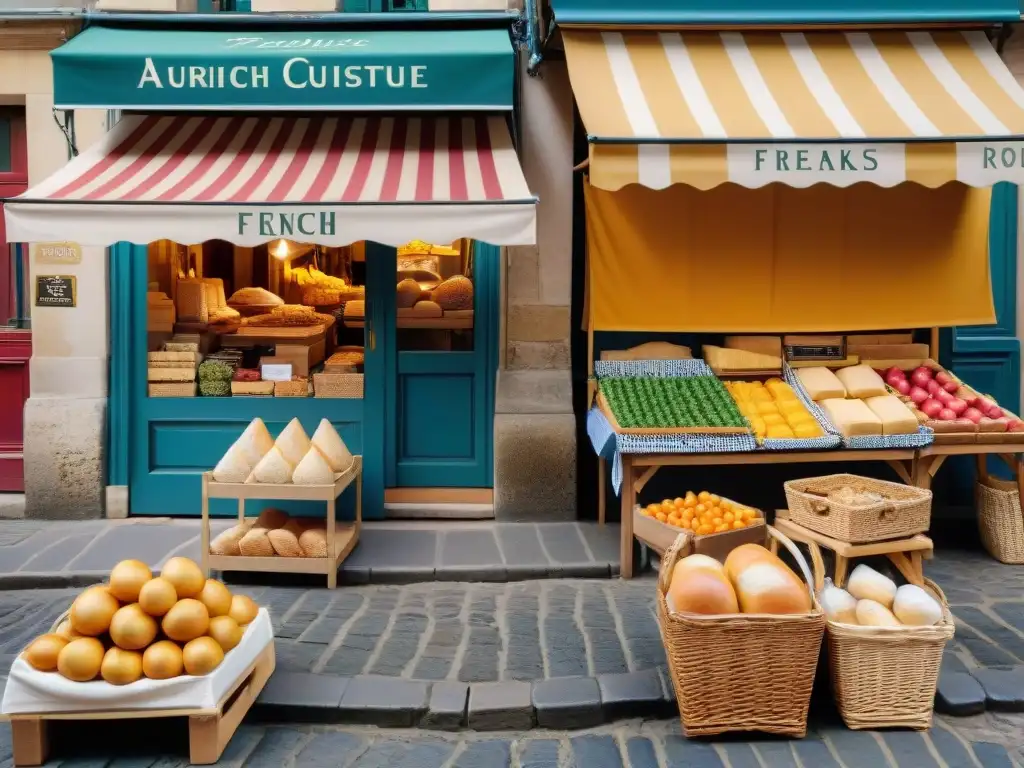 Un vibrante mercado francés tradicional: vendedores, productos coloridos, quesos artesanales, pan recién horneado y shoppers con canastas