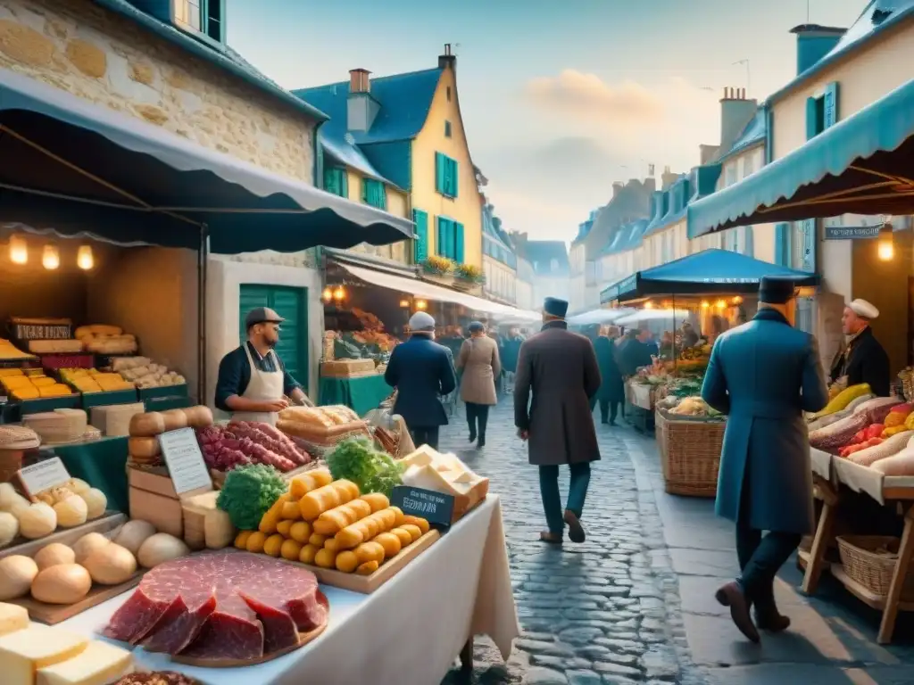 Un vibrante mercado francés tradicional con sabores locales y artesanía culinaria