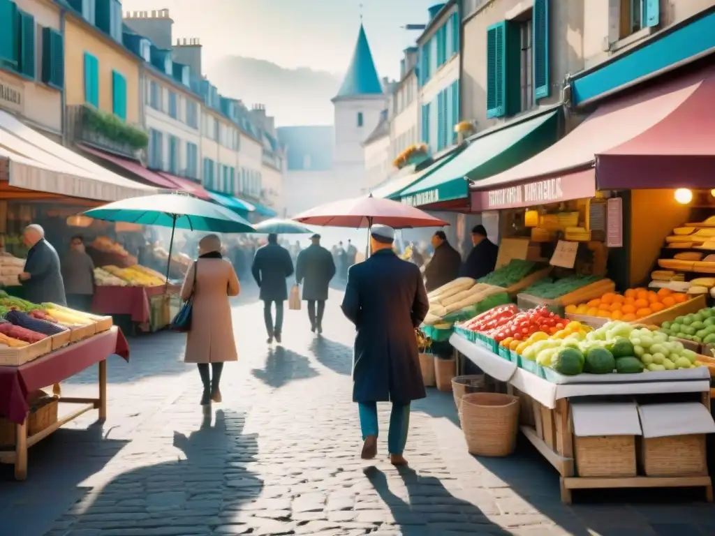 Un vibrante mercado francés tradicional en la mañana con sabores auténticos y coloridos puestos de productos frescos