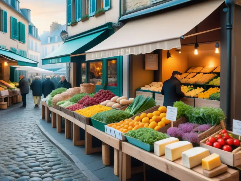 Vibrante mercado francés tradicional, colores, sabores y aromas que resaltan la gastronomía francesa