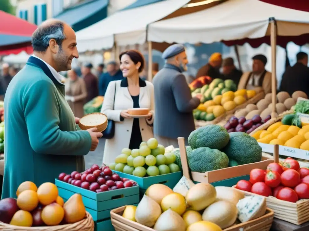 Un vibrante mercado francés con una variada oferta de productos frescos que refleja los beneficios de la gastronomía francesa para una vida saludable