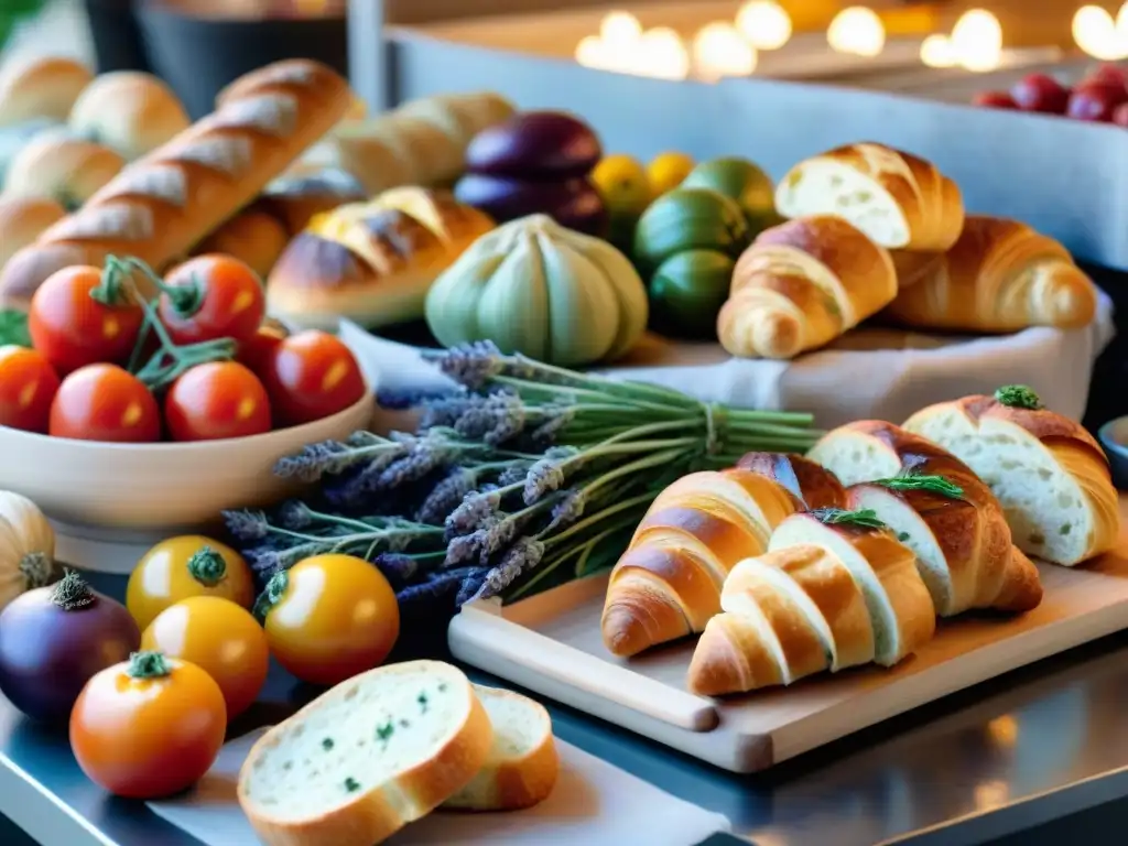Un vibrante mercado francés con vegetales frescos, hierbas aromáticas y una panadería tradicional