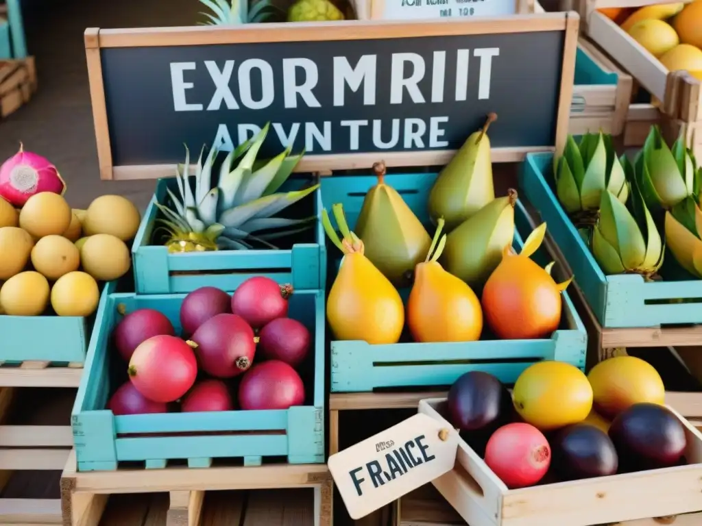 Vibrante mercado de frutas exóticas en Francia, con ambiente culinario y variedad de productos frescos