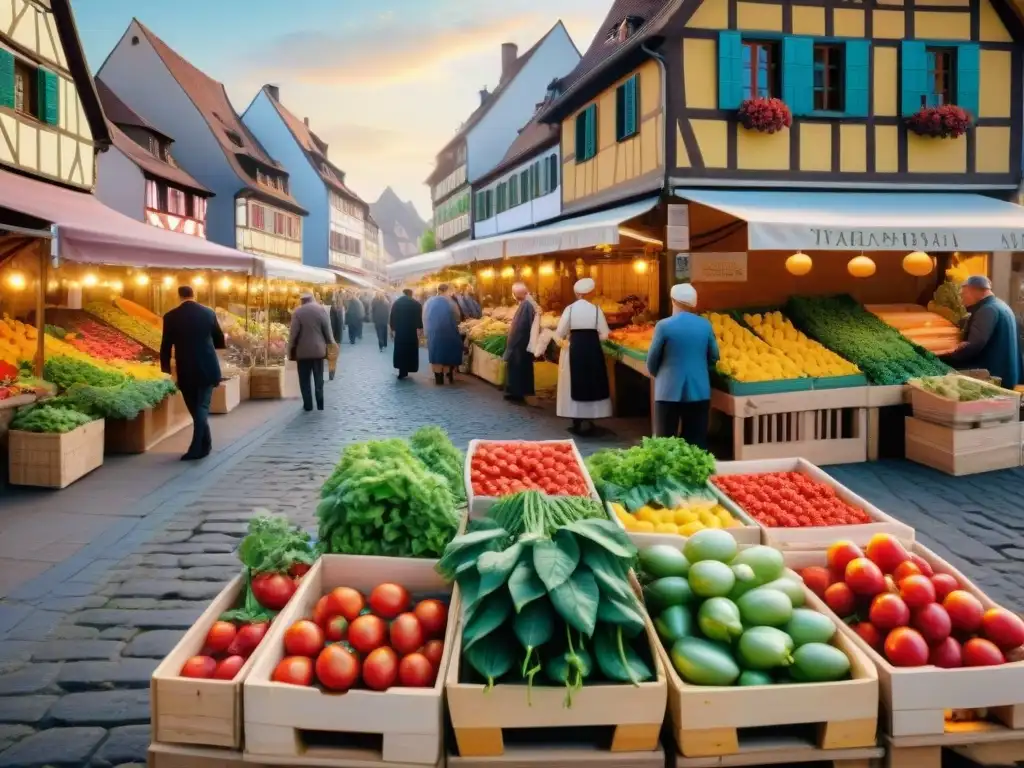 Un vibrante mercado de frutas y verduras de Alsacia, con locales en trajes tradicionales y productos coloridos