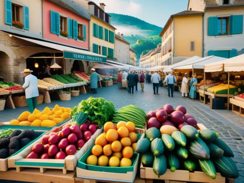 Vibrante mercado agrícola en Borgoña, Francia, con frutas y verduras frescas