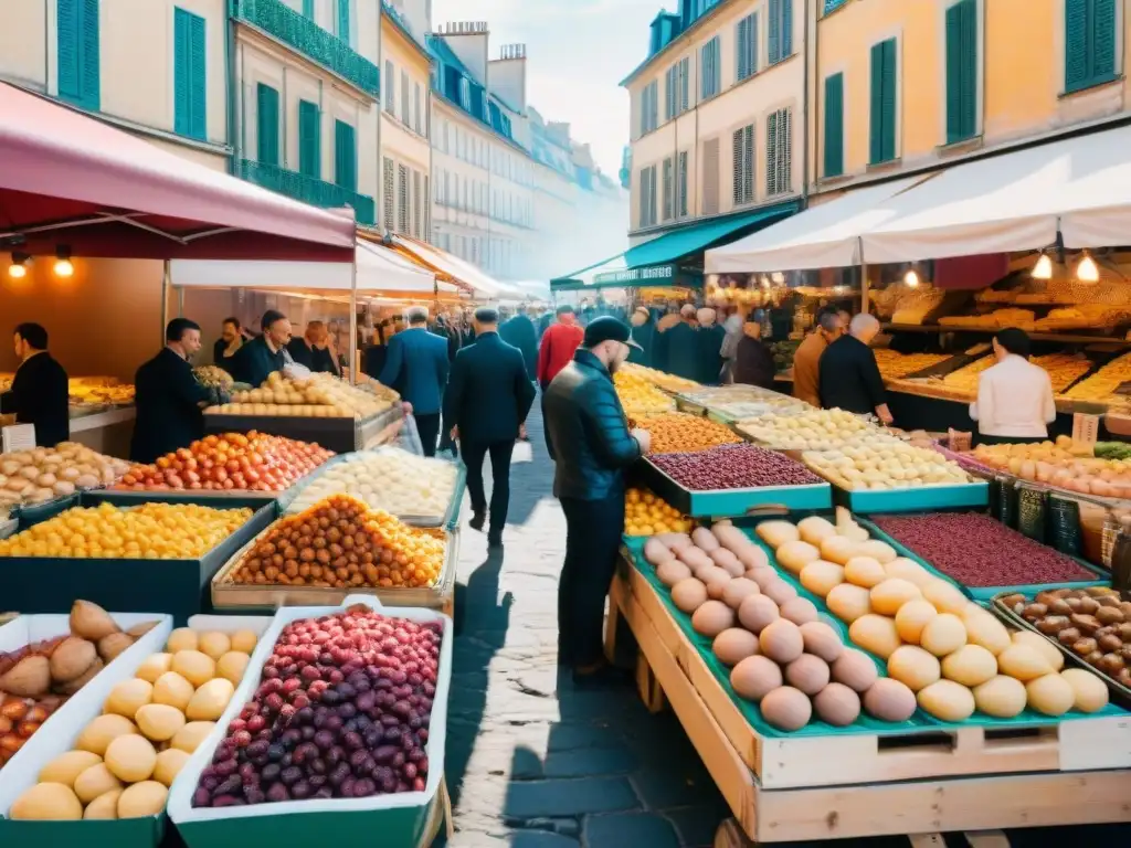 Un vibrante mercado gastronómico al aire libre en Lyon, Francia, repleto de colores y sabores de la gastronomía francesa recetas tradicionales