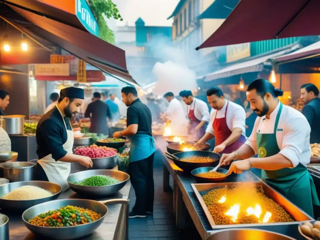 Vibrante mercado gastronómico con chefs creando platos mientras clientes disfrutan, reflejando la analítica redes sociales chefs menú