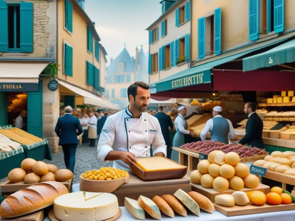 Un vibrante mercado gastronómico en Francia con productos locales y chefs en competencias culinarias