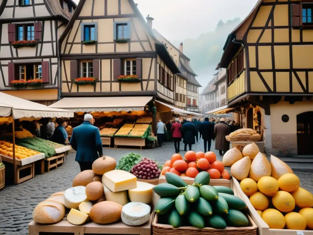 Un vibrante mercado gastronómico en Alsacia, Francia, con puestos coloridos rebosantes de productos frescos y locales