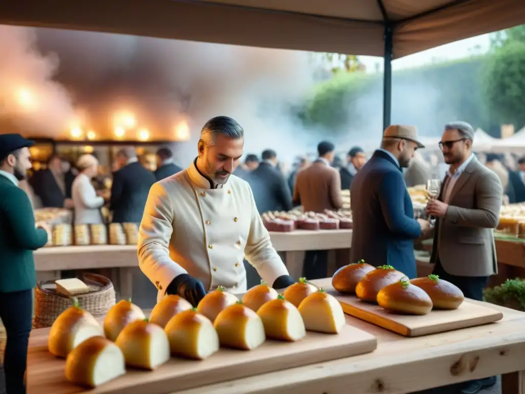 Mercado gourmet: degustación de foie gras artesanal Un vibrante mercado gourmet con productores de foie gras y entusiastas disfrutando de degustaciones
