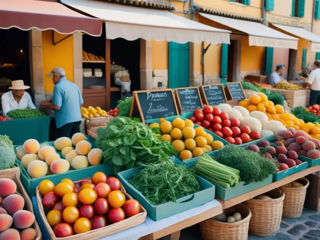 Vibrante mercado Provenzal con influencia cocina suroeste Provenza: tomates, hierbas y duraznos frescos entre edificaciones de piedra