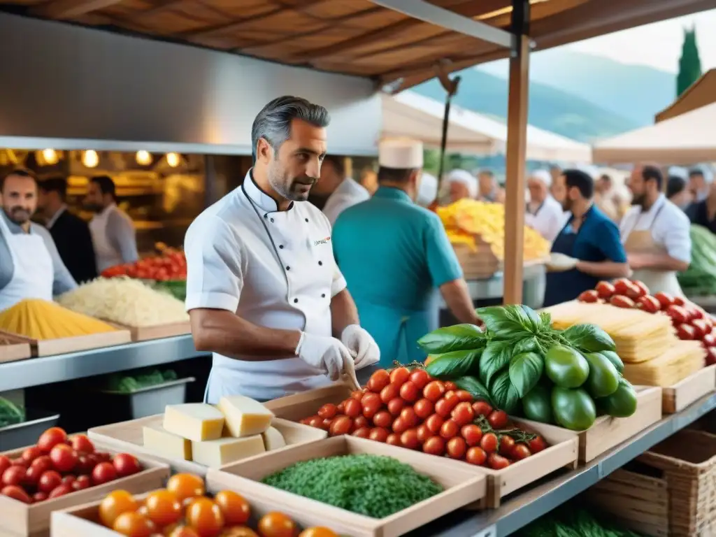 Vibrante mercado italiano en RódanoAlpes: productos frescos, chefs preparando pasta