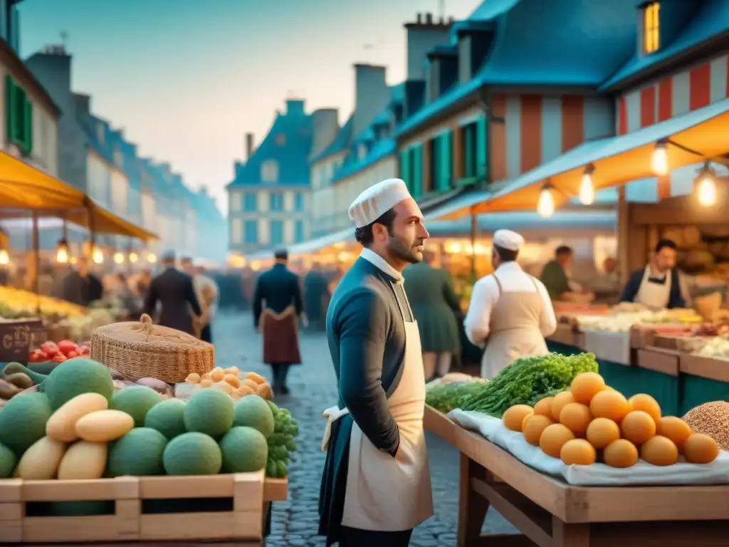 Vibrante mercado francés postRevolución, fusionando tradición con libertad culinaria