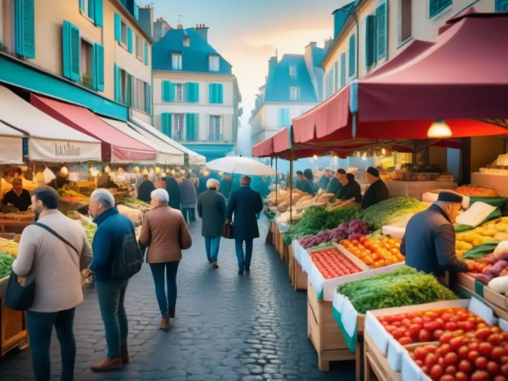 Un vibrante mercado local en Francia, con coloridos puestos rebosantes de productos frescos y una animada atmósfera gastronómica francesa