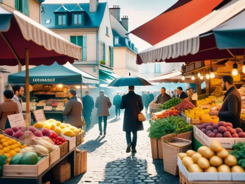 Vibrante mercado local francés con gastronomía diversa en un escenario histórico y comunitario