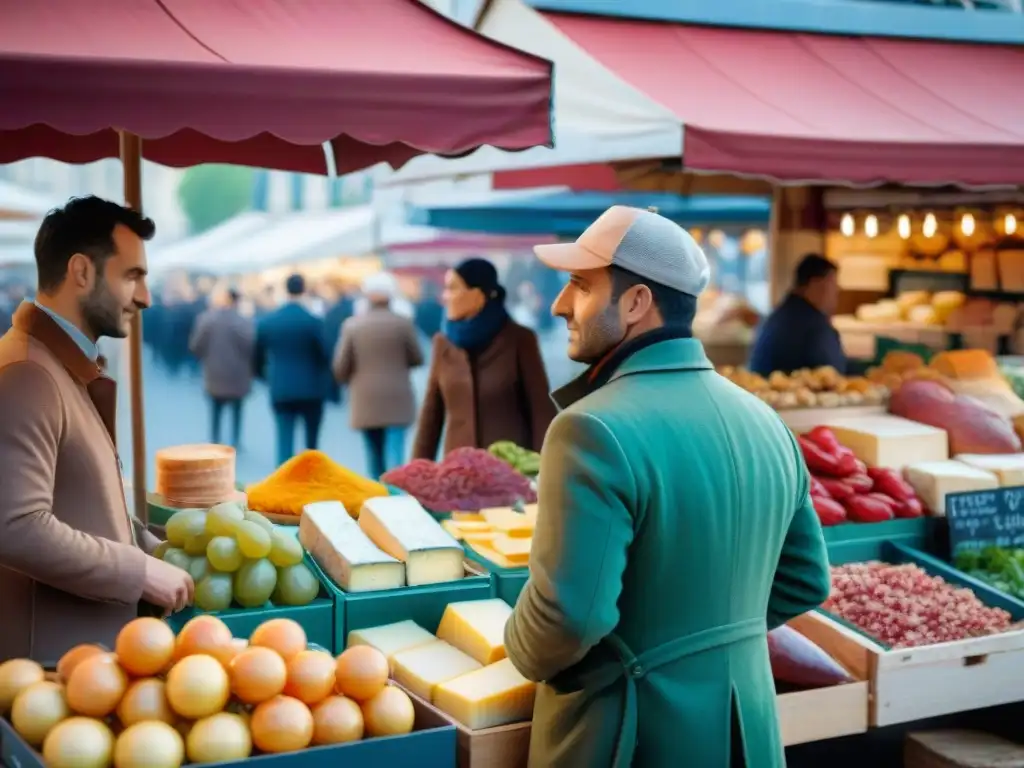 Vibrante mercado local francés con productos frescos y la Torre Eiffel al fondo