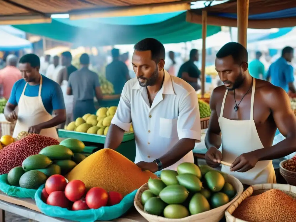 Vibrante mercado local en Mayotte con ingredientes frescos y coloridos