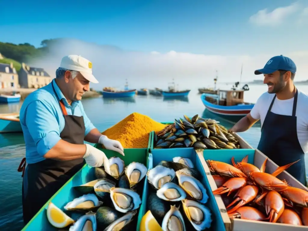 Un vibrante mercado de mariscos en Bretaña, Francia, muestra la gastronomía francesa mar Bretaña con pescadores, puestos y gaviotas