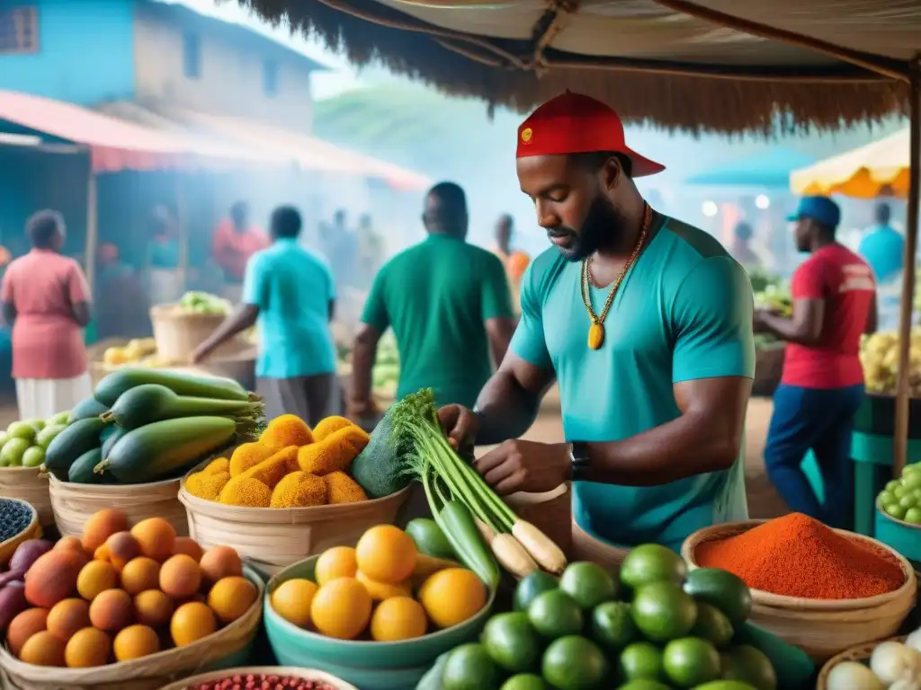 Vibrante mercado martiniqueño con influencia africana en cocina Martinica: puestos coloridos, vendedores locales y sabores únicos