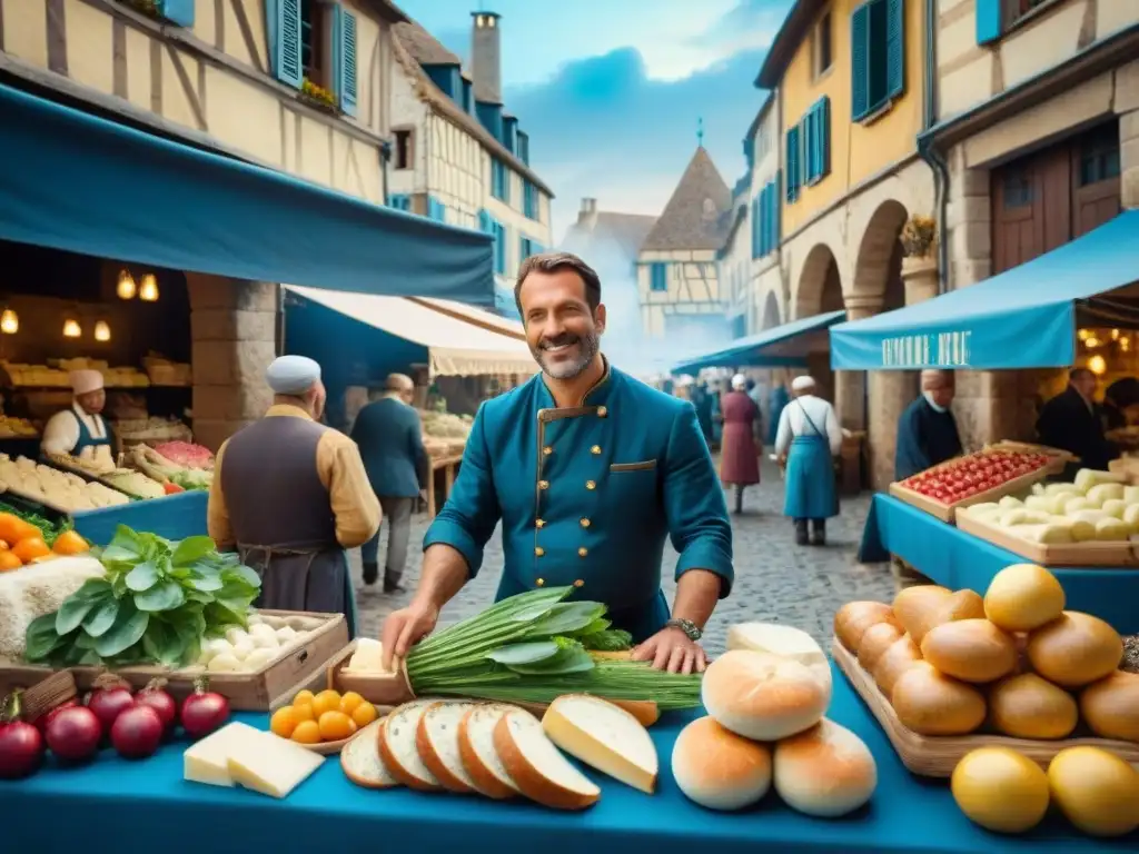 Vibrante mercado medieval francés con influencia cultural gastronomía francesa