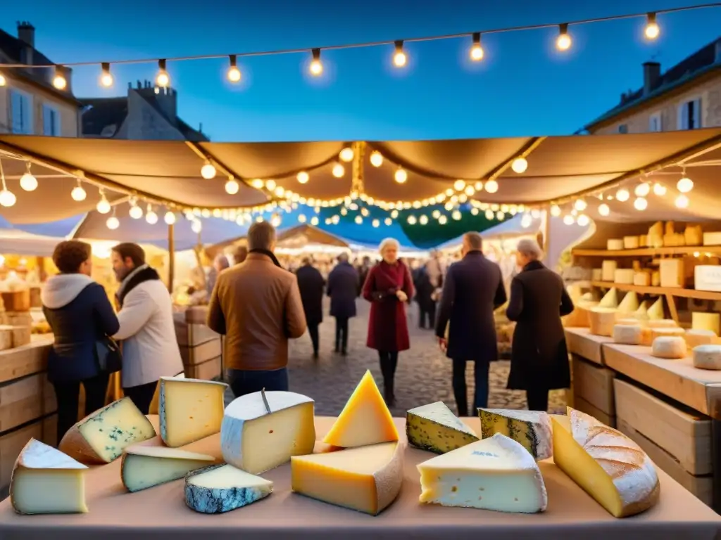 Un vibrante mercado nocturno en Francia, con delicias gastronómicas y vinos finos bajo luces de hadas