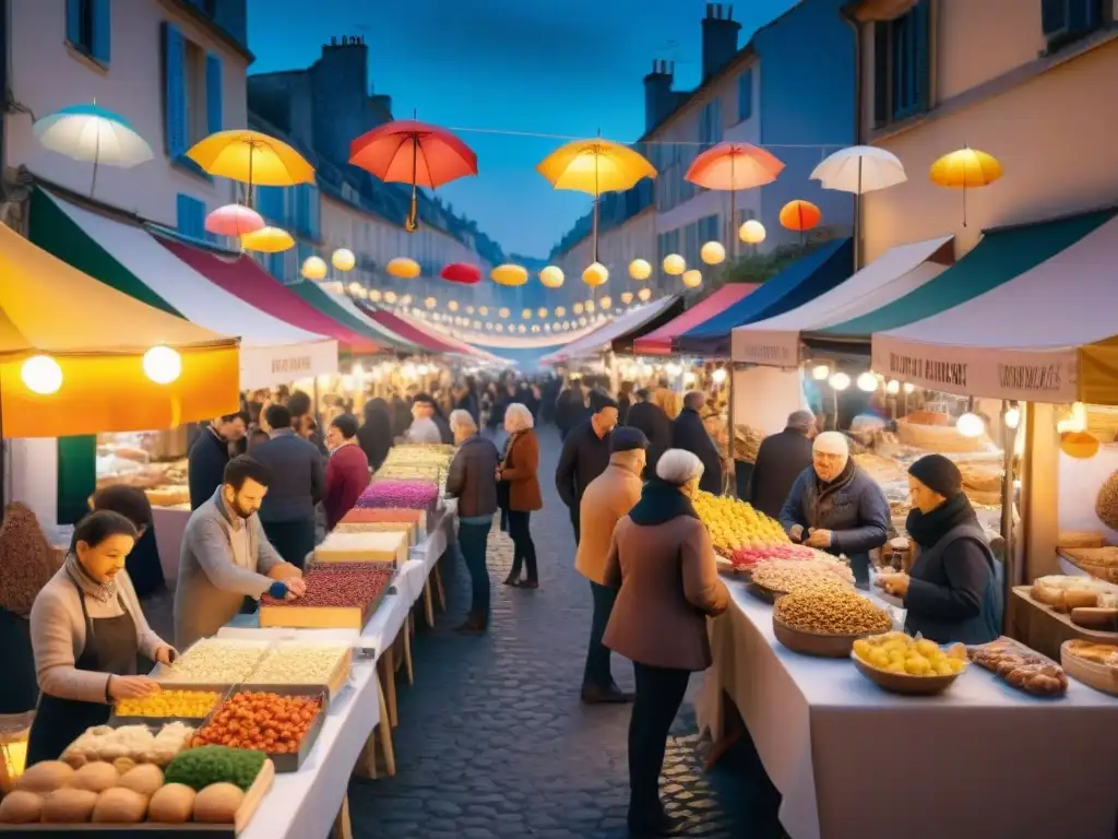 Un vibrante mercado nocturno en Francia, con luces doradas y puestos coloridos