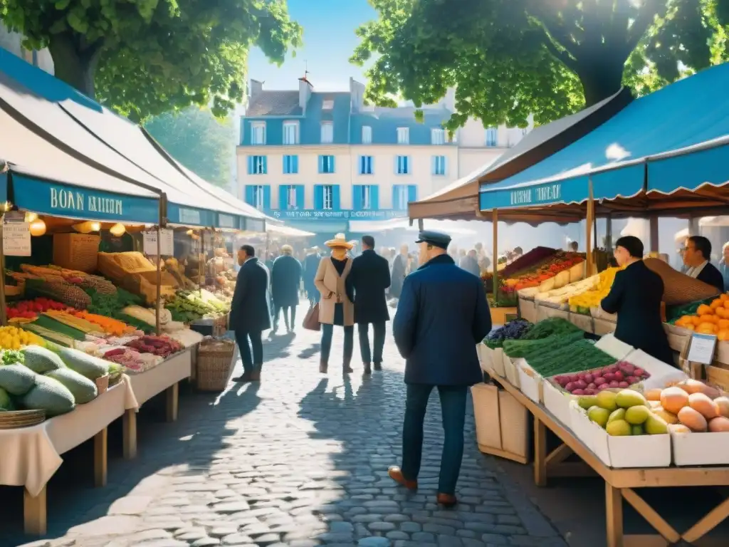 Un vibrante mercado orgánico en Francia, lleno de coloridos puestos rebosantes de productos frescos bajo un cielo azul