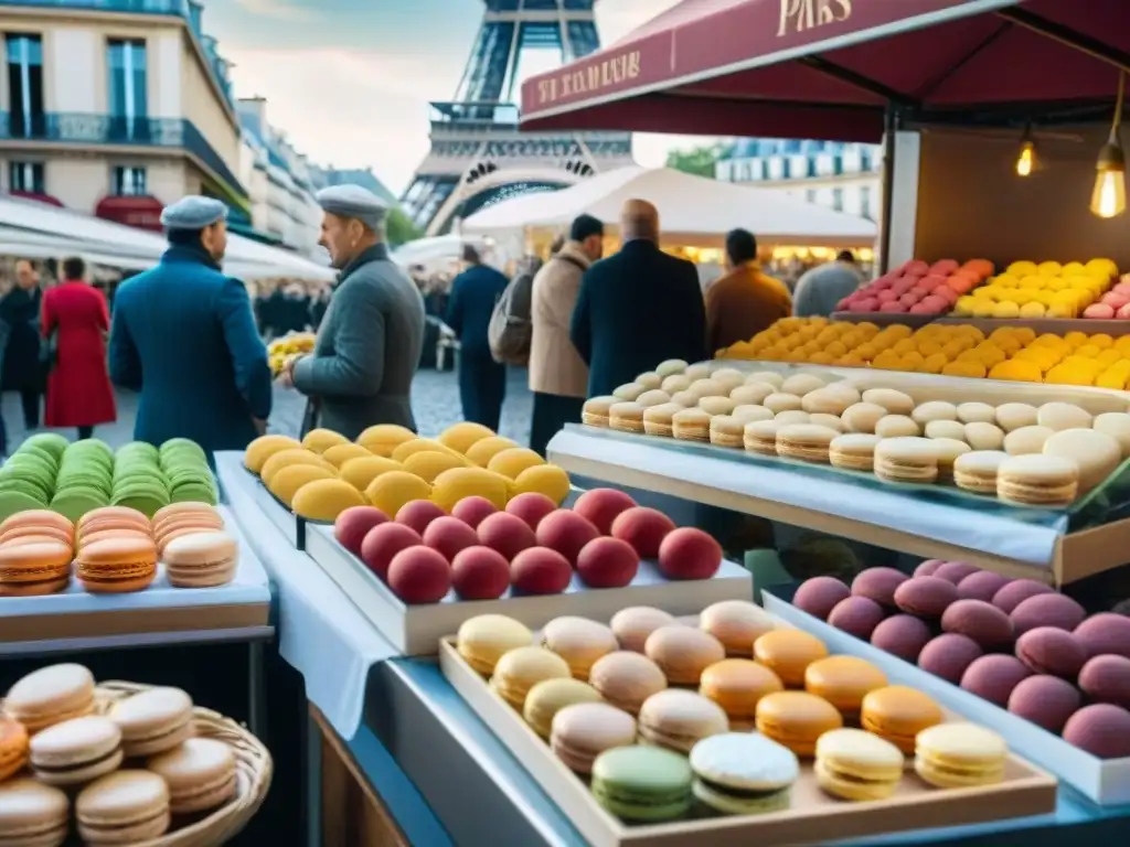 Un vibrante mercado parisino con delicias francesas, locales y turistas, la icónica Torre Eiffel de fondo