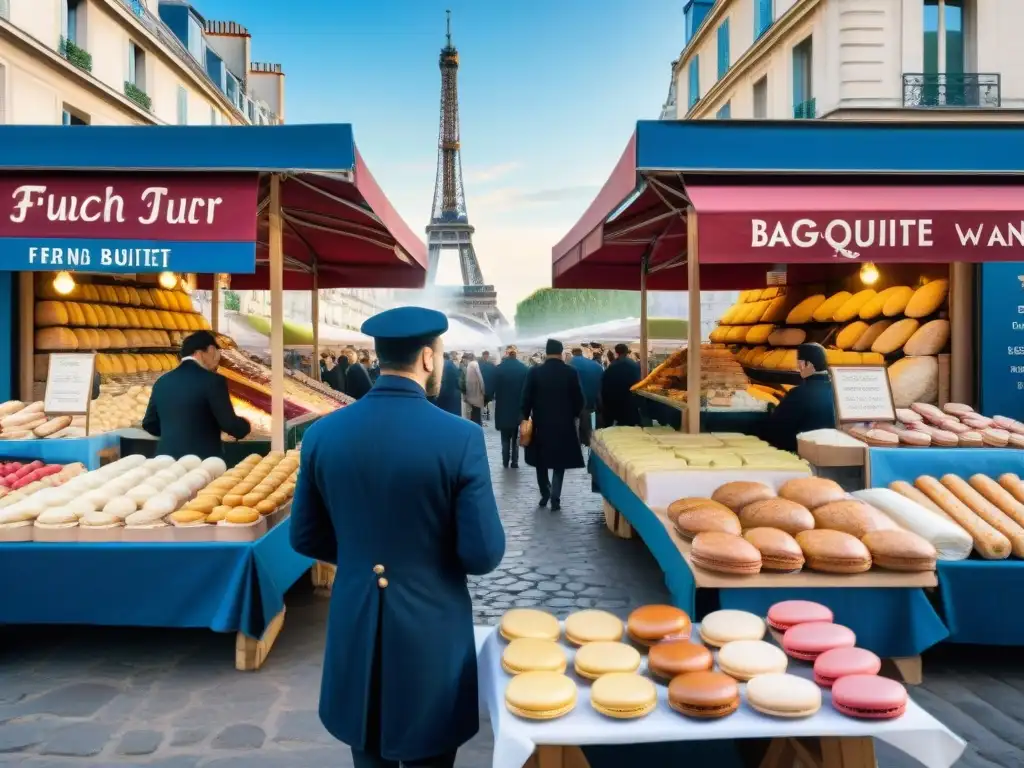 Vibrante mercado parisino con gastronomía francesa: baguettes, macarons, quesos, vinos, diversidad cultural y la Torre Eiffel al fondo