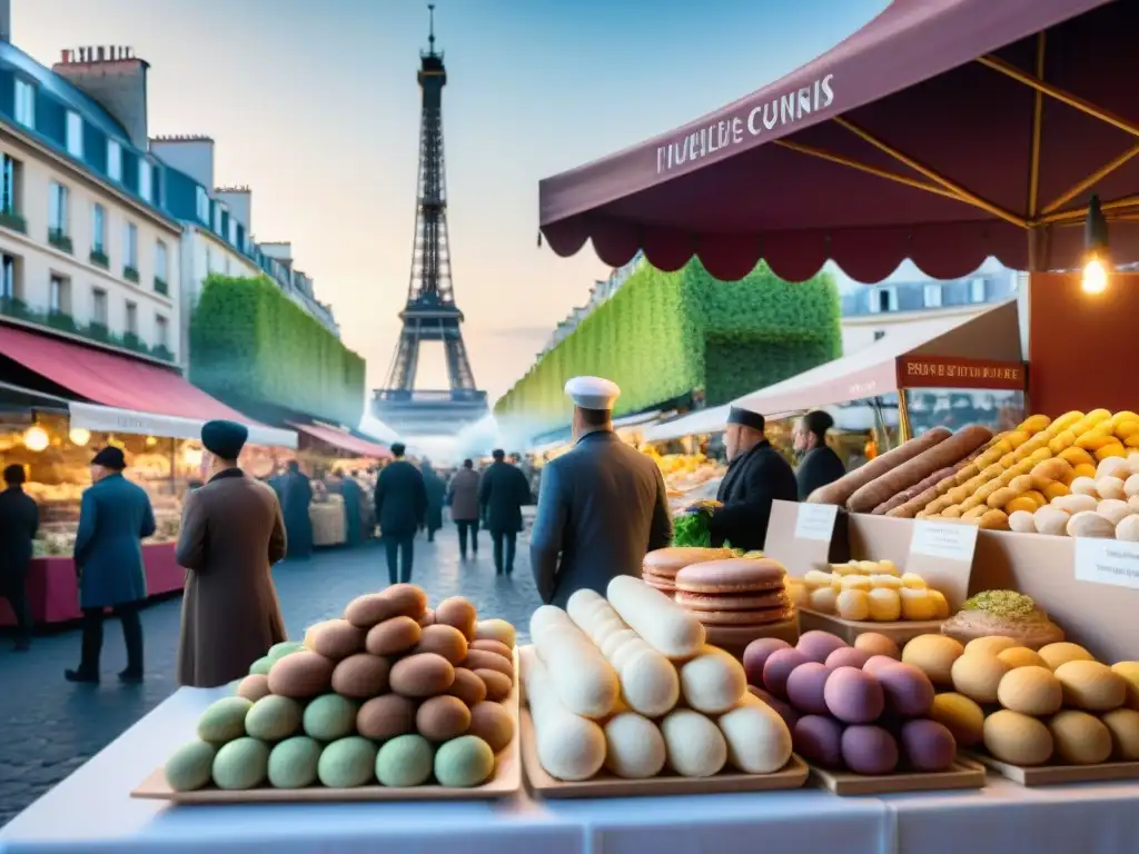 Vibrante mercado parisino con influencia gastronomía francesa en mundo: chefs, baguettes, macarons, quesos, frutas y la Torre Eiffel de fondo