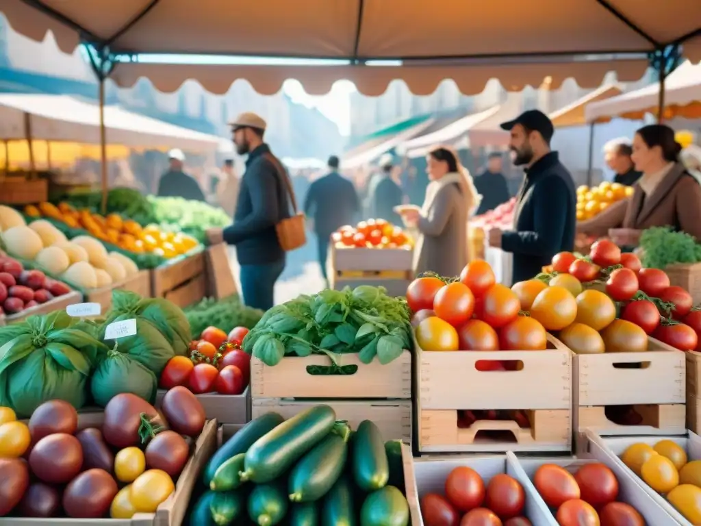 Un vibrante mercado parisino con productos frescos y coloridos, resaltando la gastronomía francesa