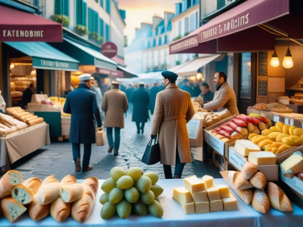 Vibrante mercado parisino con productos frescos bajo la suave luz del sol matutino