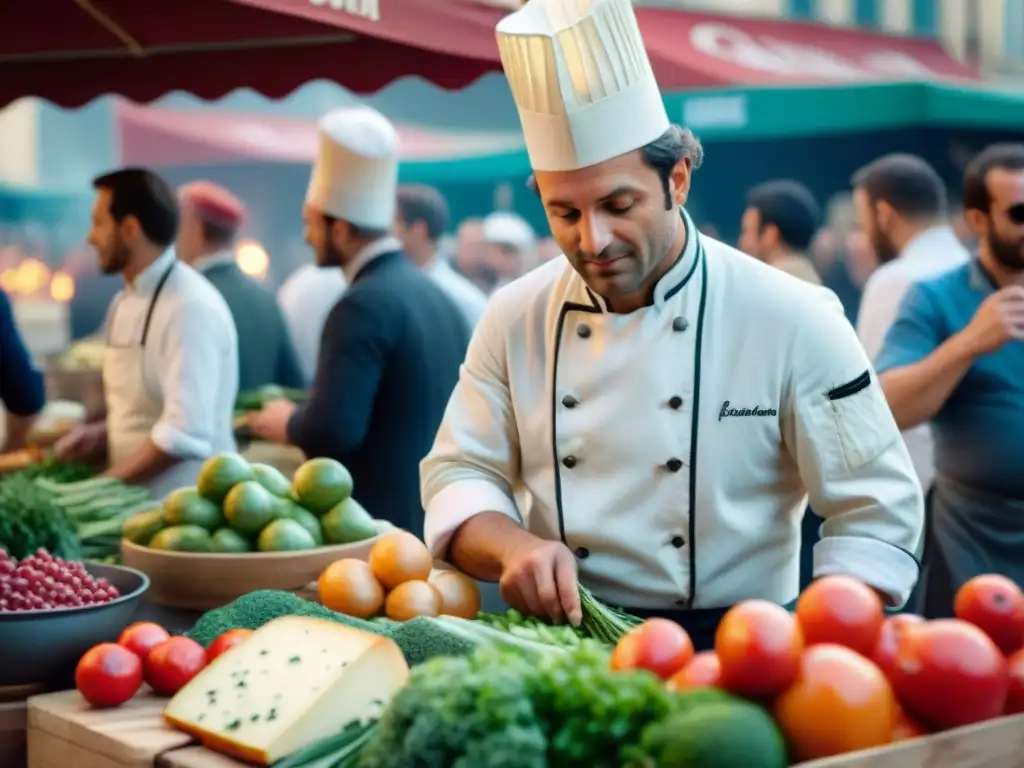 Vibrante mercado parisino durante la Revolución Francesa, chefs revolucionarios fusionan tradición e innovación culinaria